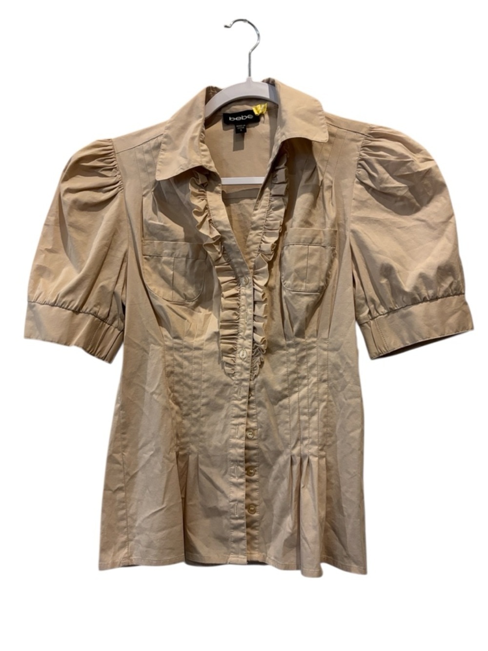 bebe Y2K Retro Beige Ruffle Front Puff Sleeve Button-Down Shirt Small